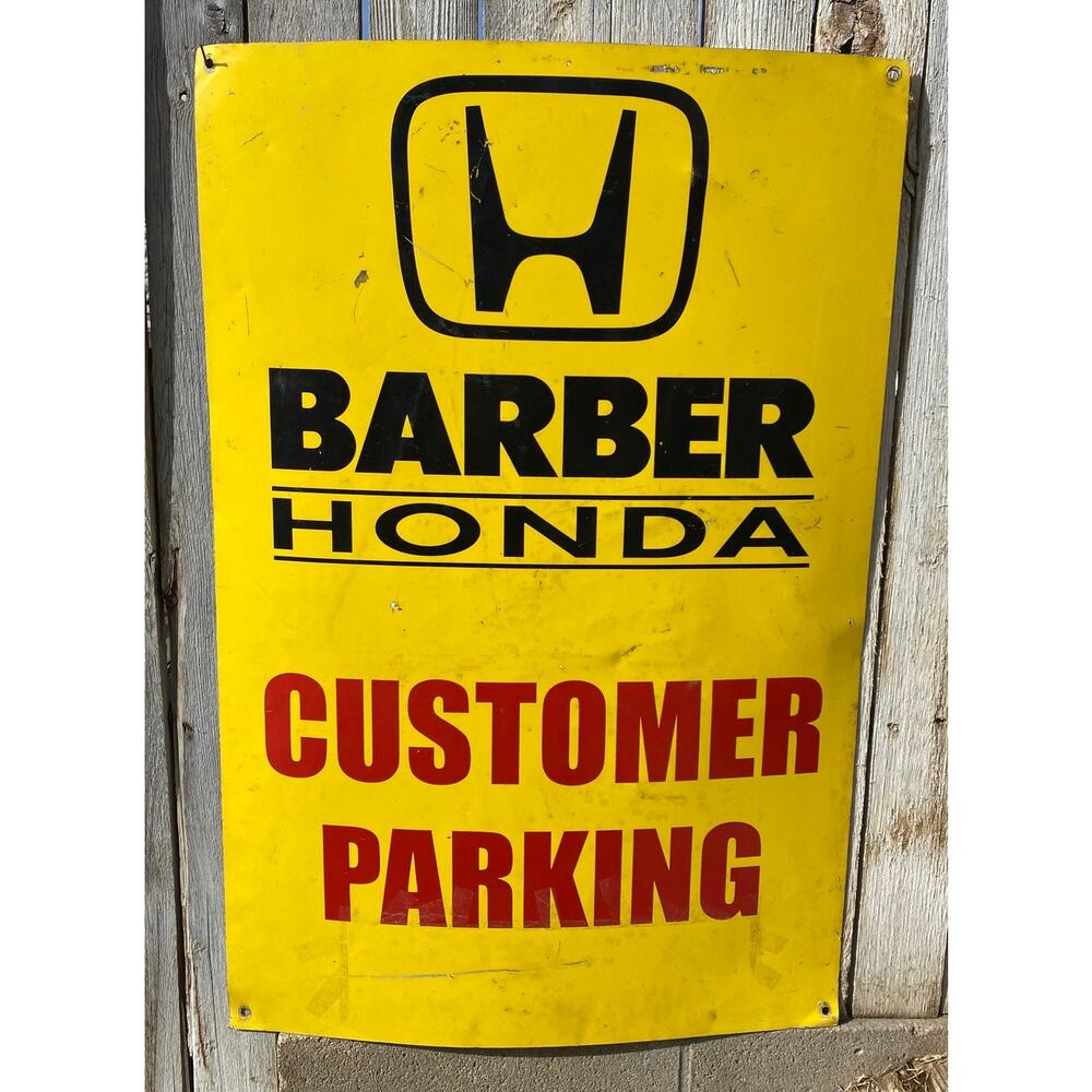 Vtg Barber Honda Car Dealership Dealer Customer Parking Metal Sign 24x36 2 Sided